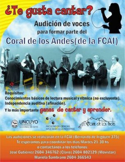imagen Audiciones de voces para formar parte del Coral de los Andes de la FCAI