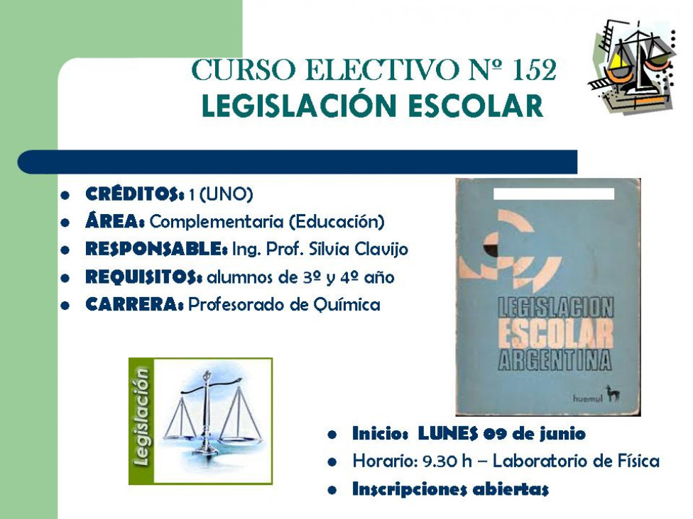 imagen CURSO ELECTIVO Nº 152  LEGISLACIÓN ESCOLAR 