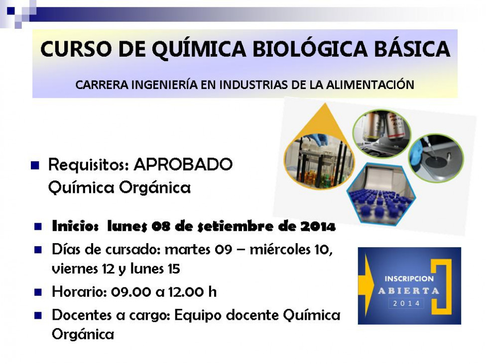 imagen CURSO QUÍMICA BIOLÓGICA BÁSICA - Carrera ingeniería en Industrias de la Alimentación