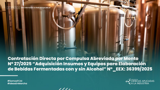 imagen Contratación Directa por Compulsa Abreviada por Monto N° 27/2025 "Adquisición Insumos y Equipos para Elaboración de Bebidas Fermentadas con y sin Alcohol" N°_EEX: 36399/2025