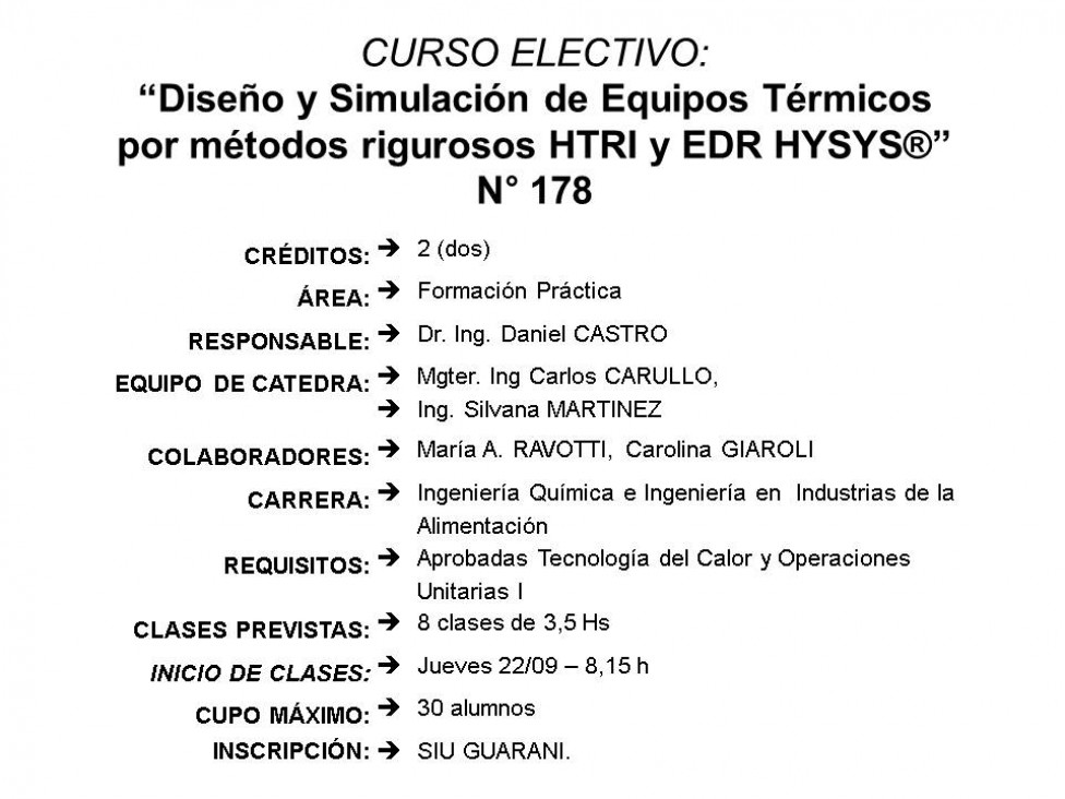 imagen Curso Electivo Nº 178 - "Diseño y Simulación de Equipos Térmicos por métodos rigurosos HTRI y EDR HYSYS®