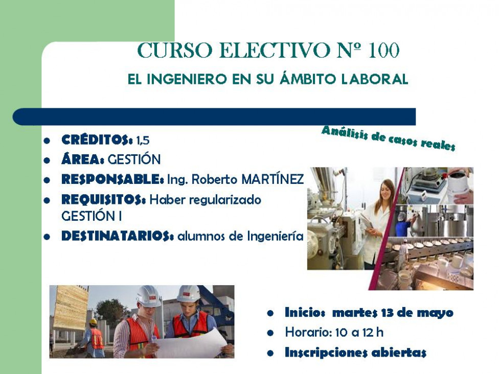 imagen CURSO ELECTIVO Nº 100 EL INGENIERO EN SU ÁMBITO LABORAL 