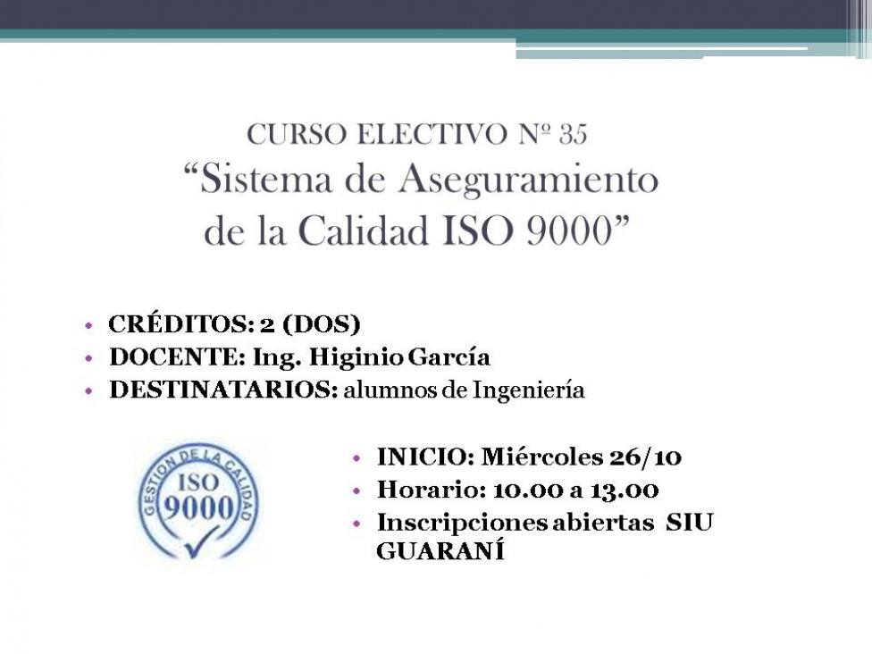 imagen Curso Electivo Nº 35 - "Sistema de Aseguramiento de la Calidad ISO 9000"