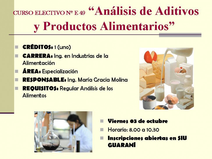 imagen CURSO ELECTIVO Nº E 49 "Análisis de Aditivos y Productos Alimentarios" 
