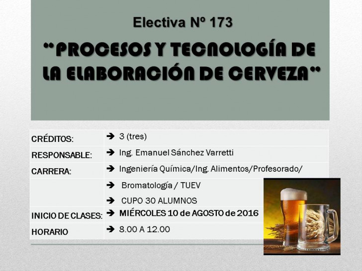 imagen Electiva Nº 173 "Procesos y Tecnolología de la elaboración de cerveza